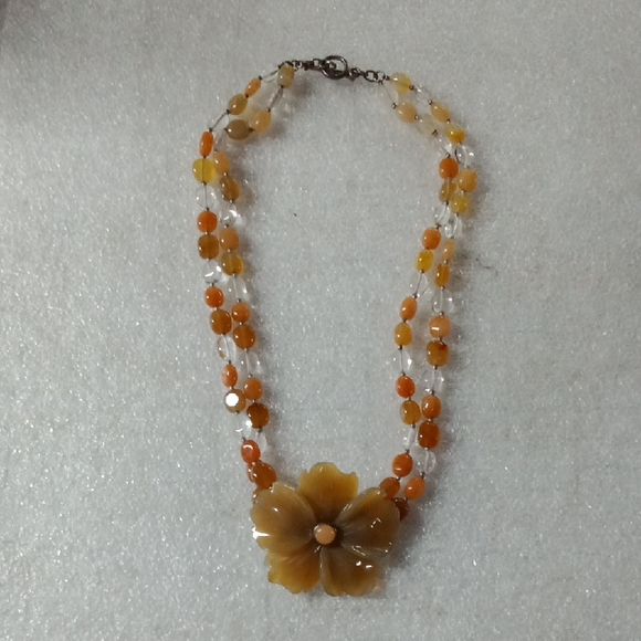 Sterling Silver  Stone Craved Tropical Flower Necklace #A397